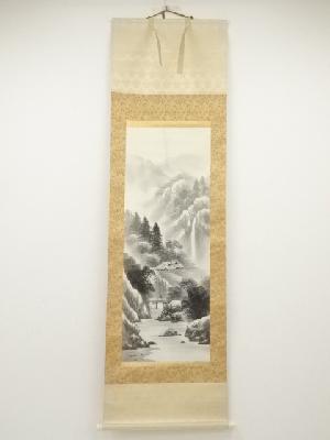 雅城筆　水墨山水　肉筆絹本掛軸（共箱）